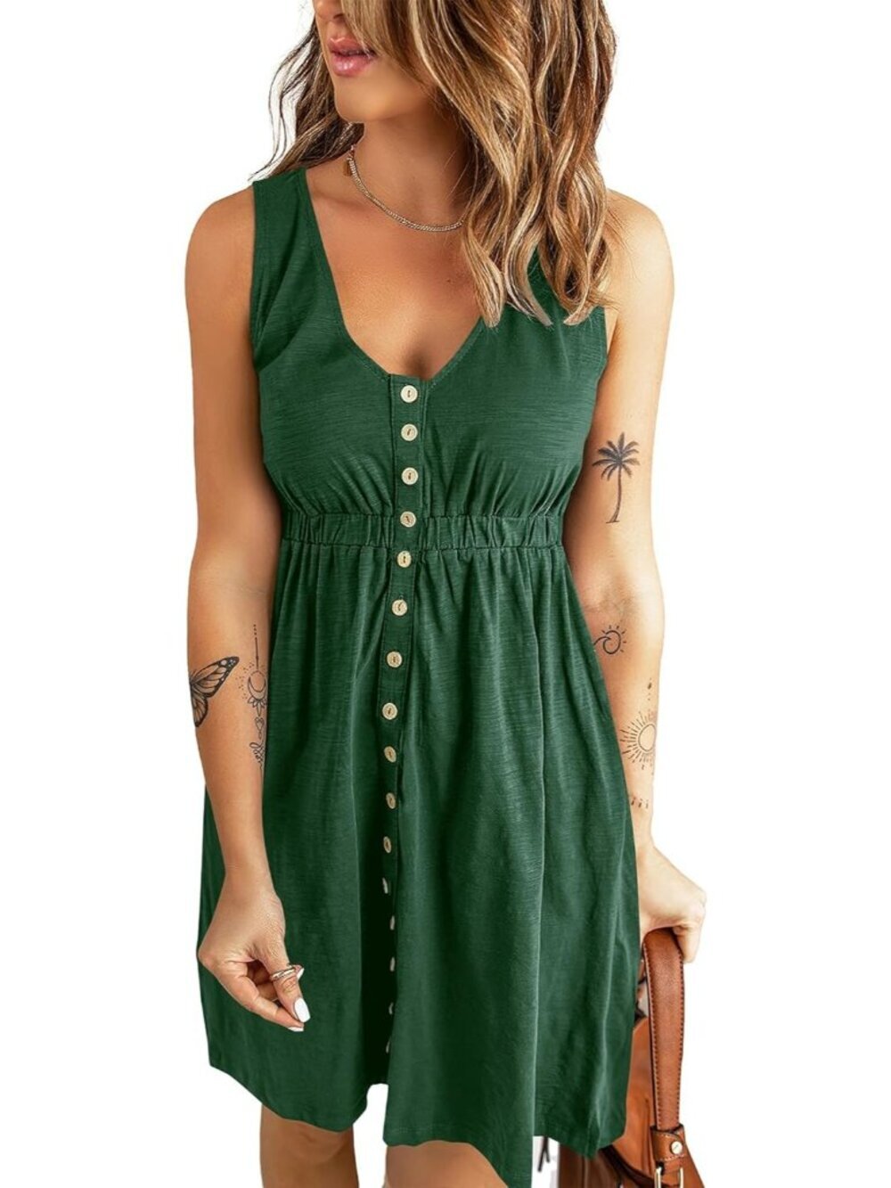 Women's Dark Green Spring Clothes Sleeveless Crew neck Mini Flowy Sun Dresses